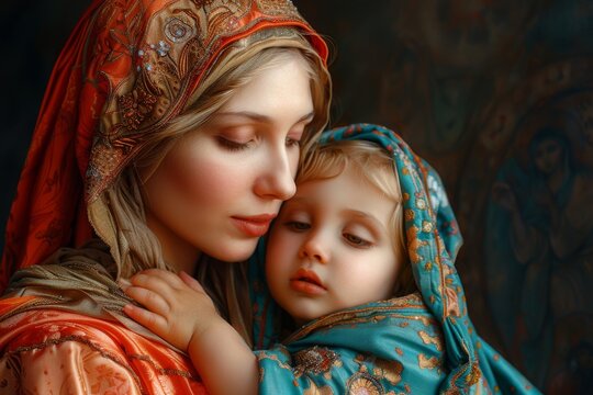 Virgin Mary, Holy Mother of God, mother with a newborn son in her arms, Holy sinless woman with Jesus Christ, religion Christianity