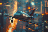 Fototapeta  - Twilight Flight: Luxurious Private Jet Over Dazzling Cityscape Banner