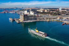 Aerial view of ferry boat and Haydarpasa train station, Istanbul, Turkey.
