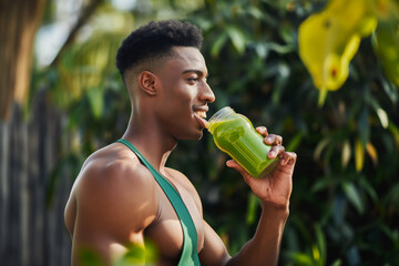 Healthy athletic man drinking green smoothie	