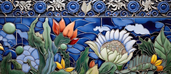 Sticker - A detailed artwork featuring a closeup view of vibrant flowers with intricate petals, set against a blue backdrop on a wall