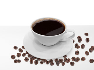 Cup of and coffee beans on ta ble, transparent background