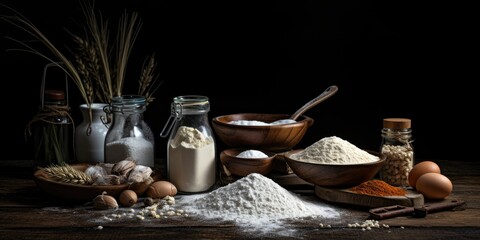 Wall Mural - Baking ingredients and kitchen utensils on dark background 