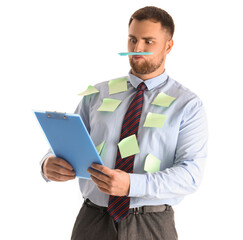 Poster - Funny businessman with sticky notes and clipboard on white background