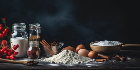 Wall Mural - Baking ingredients and kitchen utensils on dark background 