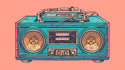 Vintage boombox sound system. 1980s Boom Box Cassette Tape Player. Old school vintage radio tape recorder doodle double cassette speaker. Generative Ai