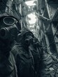 Transport the viewer into a dystopian reality by capturing a group of shadowy figures in gas masks, framed from a low angle against a backdrop of crumbling infrastructure 
