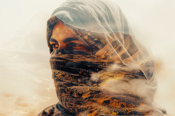 Bedouin in a mask on the background of the desert. Double exposure.