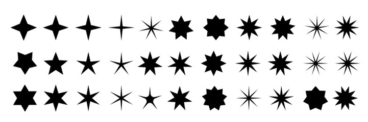 Wall Mural - Minimalist silhouette stars icon, twinkle star shape symbols. Modern geometric elements, shining star icons, abstract sparkle black silhouettes symbol vector set