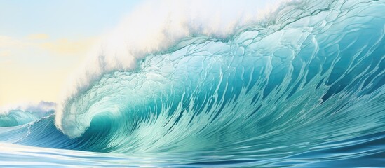 Wall Mural - An electric blue wave is breaking in the ocean, created by the wind pushing liquid water towards the shore, against the backdrop of the sky and landscape