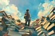 back view of a student standing amidst a pile of books, gazing towards the sky with a backdrop of blue sky. Back to school concept