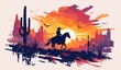 A cowboy riding on horseback in the desert, with cacti and a sunset backdrop. 