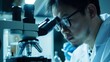 Researcher asian man wear lab cost work mixing test tube specialist sample chemist equipment with microscope at laboratory. Student young boy examining biotechnology health medical.