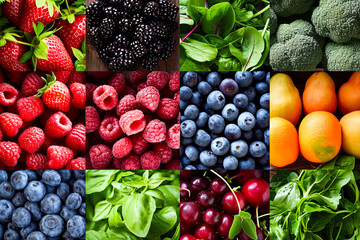 Sticker - Collage of different fruits and vegetables including raspberries blueberries oranges and spinach.