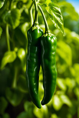 Canvas Print - Two green peppers growing on plant.