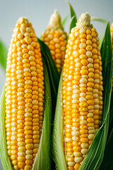 Sticker - Close up of corn cob with water droplets on it and green leaves surrounding it.