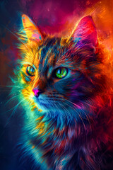 Poster - Cat with glowing eyes sits in front of colorful background.