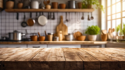 Poster - Brown wooden table in kitchen with pots and utensils on it and on the walls.