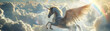 Design a realistic yet fantastical 3D model of a winged horse soaring through the clouds with a rainbow arching overhead