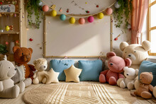 Cozy Room With Bed That Has Many Stuffed Animals On It Including Bears And Monkey.