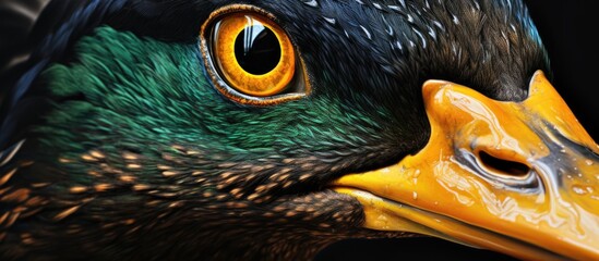 Poster - A closeup shot capturing the head of a bird with a vibrant yellow beak. This macro photography showcases the intricate details of this terrestrial animals adaptation for survival in the wild