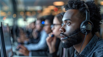 Wall Mural - Multicultural Call Center Team Hard at Work: Diverse Group of Telephone Operators in Busy Office Environment