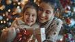 Christmas Cheer: A Happy Family Shares Joy & Gifts, Daughter Lovingly Presents to Mother with Decorated Tree in Background