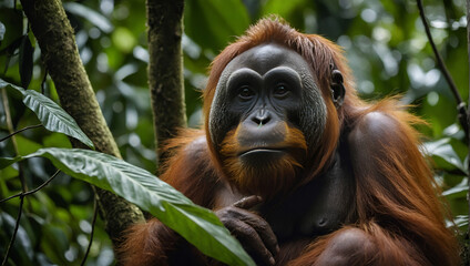 Wall Mural - Adorable Baby Orangutan Portrait in Jungle