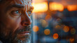 A bearded man's intense gaze is highlighted by the warm hues of the sunset reflecting off a city window.