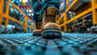 Heavy-duty safety boots step on the metal gridded floor of a vibrant industrial factory.
