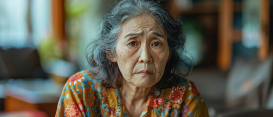 Wall Mural - Portrait thinking and senior Asian woman in retirement home, reflection and remembering past life. Elderly, pensioner and contemplating future or memory, nostalgia with blurred apartment background