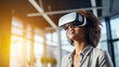 close-up of a young woman wearing virtual reality goggles watching a presentation
