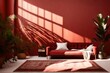 Gorgeous modern boho bedroom with natural shadows cast by tropical leaves and early sunlight on the earthly red wall of Morocco.