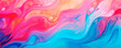 A dynamic fluid painting showcasing a blend of striking blue, pink, and orange hues. The colors meld together in an intricate dance of movement and intensity, creating. Banner. Copy space