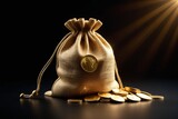 Fototapeta  - A jute drawstring bag with many golden coins on a dark background, horizontal composition