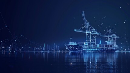 Aufkleber - Trade port low poly wireframe banner template. Digital modern cargo ship, container, crane and warehouse in dark blue. Container ships, logistics, business, worldwide shipping concept.