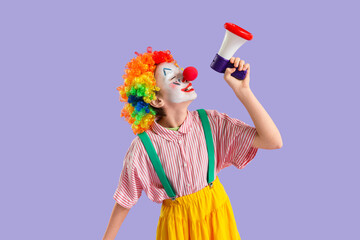 Sticker - Funny little girl dressed as clown shouting into megaphone on lilac background. April Fools' Day celebration