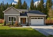 Beautiful new home exterior with two car garage and covered porch on sunny day