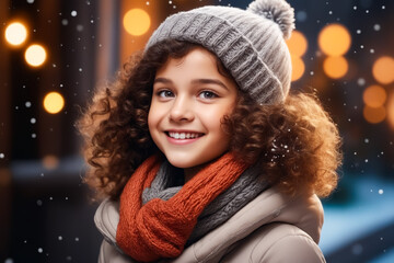 Sticker - A young girl with curly hair and a gray and orange scarf is smiling at the camera. The image has a warm and cozy feeling, as the girl is dressed for winter and he is enjoying the cold weather