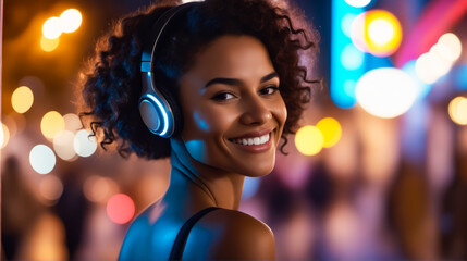 Poster - A woman with curly hair is smiling and wearing headphones. The image has a bright and cheerful mood, with the woman's smile and the colorful lights in the background