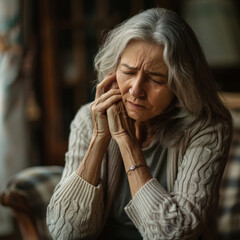 Wall Mural - Depressed, elderly and woman at home. Senior, female and mental health concept in the living room. Sadness, longing and unhappy. Eyes closed, hands folded and praying or hoping on blurry background.