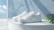 3D realistic white sneakers mockup displayed on a plain surface with customizable elements minimal design