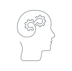 Wall Mural - drawing human head with gears inside in one line. mental health and thinking concept. single continu