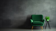 A Green Chair Sits In Front Of A Wall With A Plant On A Table. The Room Is Empty And Has A Modern, Minimalist Feel