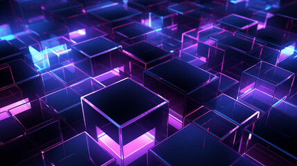 Poster - Futuristic Neon Glowing Cubic Digital Space