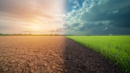 Wall Mural - Land with dry and cracked ground and green field .Desert, Global warming background