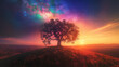 abstract fairy tree against the background of stars and sunset, the concept of wish fulfillment and magic