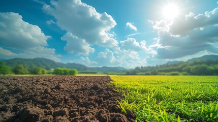 Wall Mural - Land with dry and cracked ground and green field .Desert, Global warming background