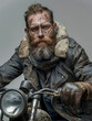 Biker with a solemn expression, featuring cuts and bruises on his face, implying a story