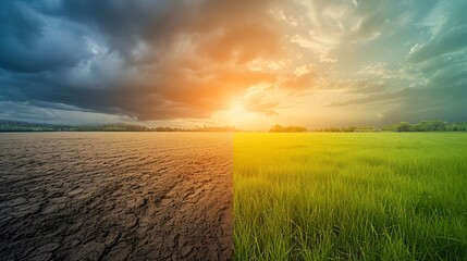 Wall Mural - Land with dry and cracked ground and green field .Desert, Global warming background